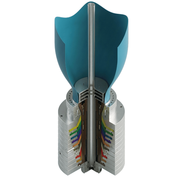 Cutaway view of Horng Tair 10-layer high-barrier co-extrusion blown film die head